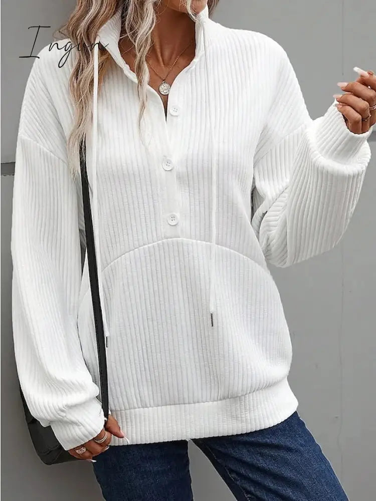 Ingvn - Women’s Sweatshirt Pullover Basic Button Drawstring White Solid Color Casual V Neck Long