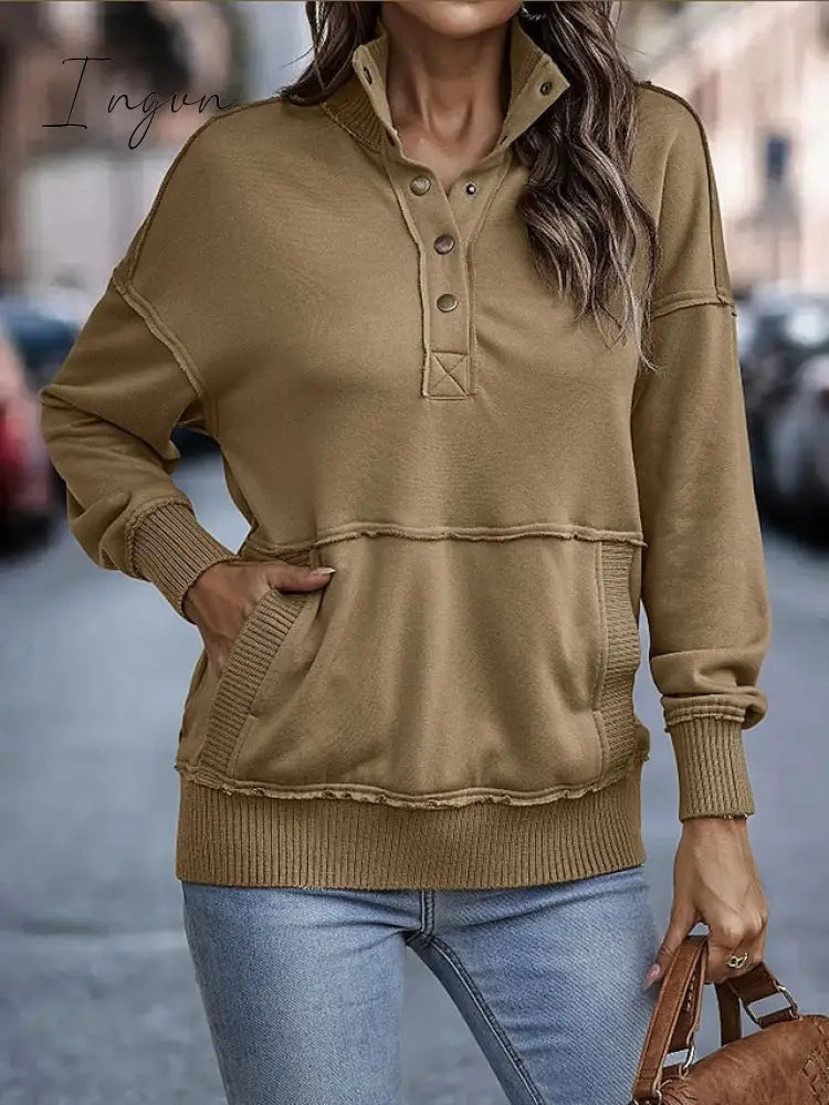 Ingvn - Women’s Sweatshirt Pullover Basic Button Front Pocket White Pink Brown Solid Color Casual