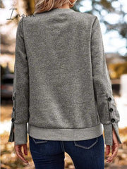 Ingvn - Women’s Sweatshirt Pullover Basic Button Gray Solid Color Casual Round Neck Long Sleeve