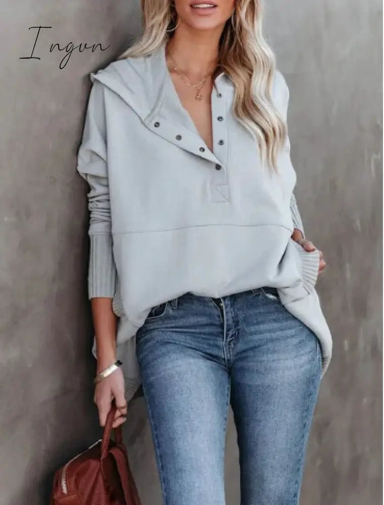 Ingvn - Women’s Sweatshirt Pullover Basic Button Gray Solid Color Casual V Neck Long Sleeve