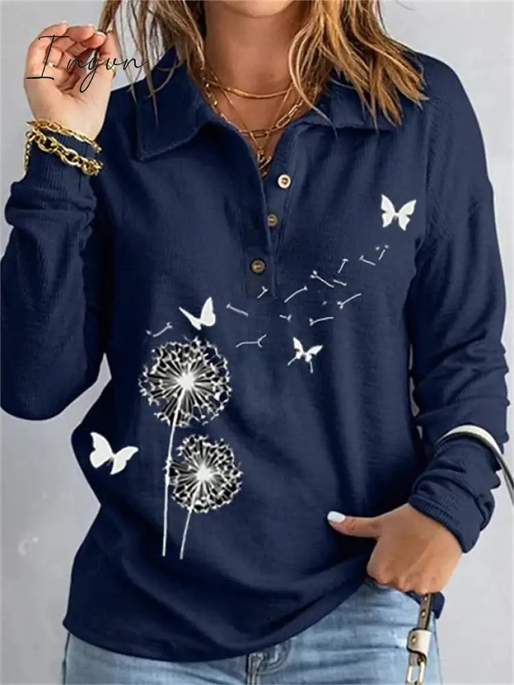 Ingvn - Women’s Sweatshirt Pullover Basic Button Navy Blue Butterfly Dandelion Casual V Neck Long