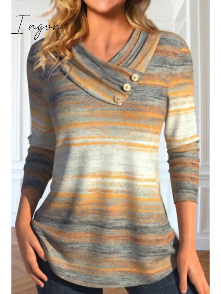 Ingvn - Women’s Sweatshirt Pullover Basic Button Orange Striped Casual V Neck Long Sleeve Top