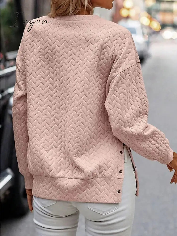Ingvn - Women’s Sweatshirt Pullover Basic Button Pink Solid Color Casual Round Neck Long Sleeve