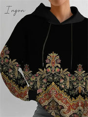 Ingvn - Women’s Sweatshirt Pullover Basic Drawstring Black Graphic Casual Round Neck Long Sleeve