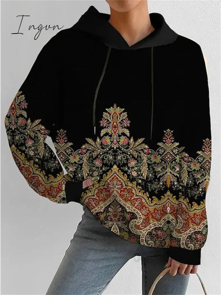 Ingvn - Women’s Sweatshirt Pullover Basic Drawstring Black Graphic Casual Round Neck Long Sleeve