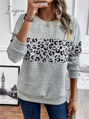 Ingvn - Women’s Sweatshirt Pullover Basic Gray Leopard Casual Round Neck Long Sleeve Top