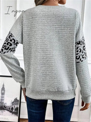 Ingvn - Women’s Sweatshirt Pullover Basic Gray Leopard Casual Round Neck Long Sleeve Top