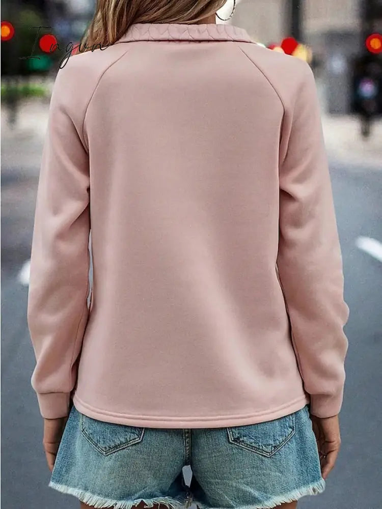 Ingvn - Women’s Sweatshirt Pullover Basic Quarter Zip Pink Solid Color Casual V Neck Long Sleeve