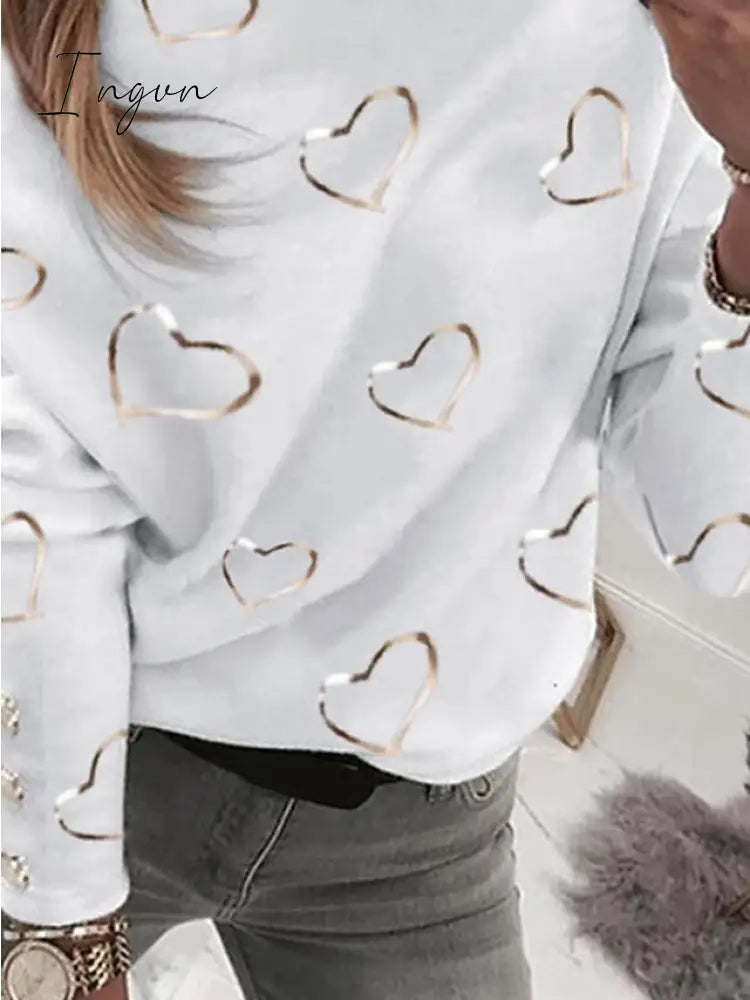Ingvn - Women’s Sweatshirt Pullover Basic White Beige Graphic Street V Neck Long Sleeve Top