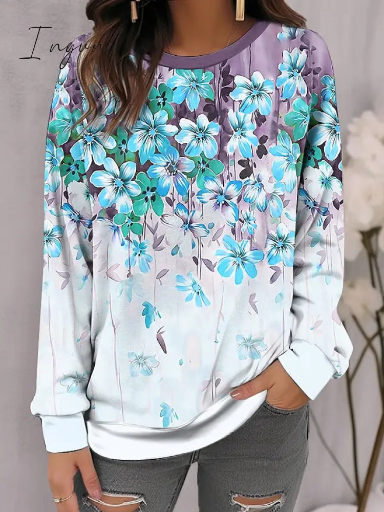 Ingvn - Women’s Sweatshirt Pullover Basic Yellow Red Blue Floral Casual Round Neck Long Sleeve