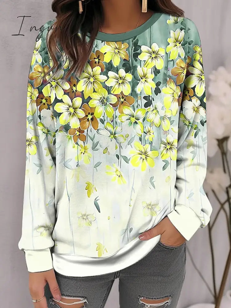 Ingvn - Women’s Sweatshirt Pullover Basic Yellow Red Blue Floral Casual Round Neck Long Sleeve