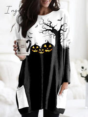 Ingvn - Women’s T Shirt Tee Tunic Black Graphic Pumpkin Pocket Print Long Sleeve Halloween