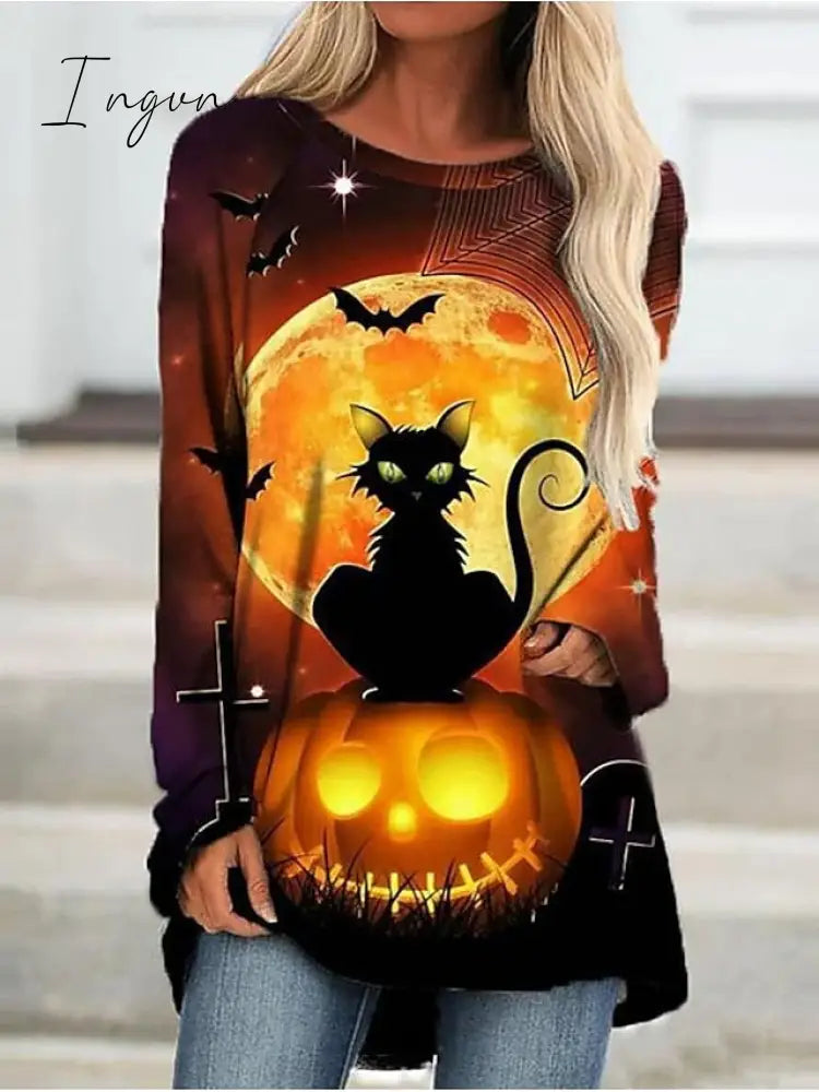 Ingvn - Women’s T Shirt Tee Tunic Halloween Shirt Brown Cat Pumpkin Patchwork Print Long Sleeve