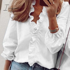 Ingvn - Womens Tops And Blouses Elegant Long Sleeve White Ol Shirt Ladies Solid Color Chemise Femme