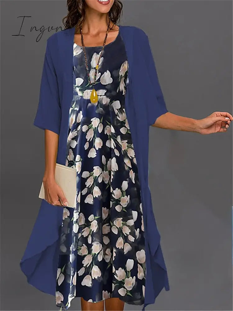 Ingvn - Women’s Two Piece Dress Set Casual Print Outdoor Daily Fashion Elegant Midi Crew Neck 3/4