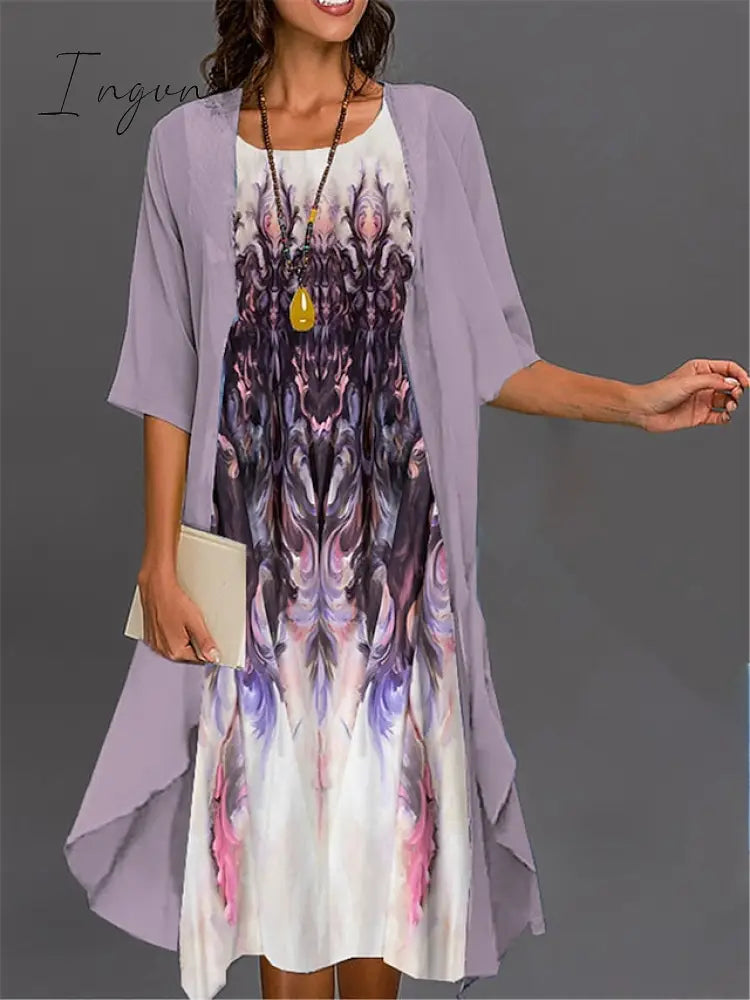 Ingvn - Women’s Two Piece Dress Set Casual Print Outdoor Daily Fashion Elegant Midi Crew Neck 3/4