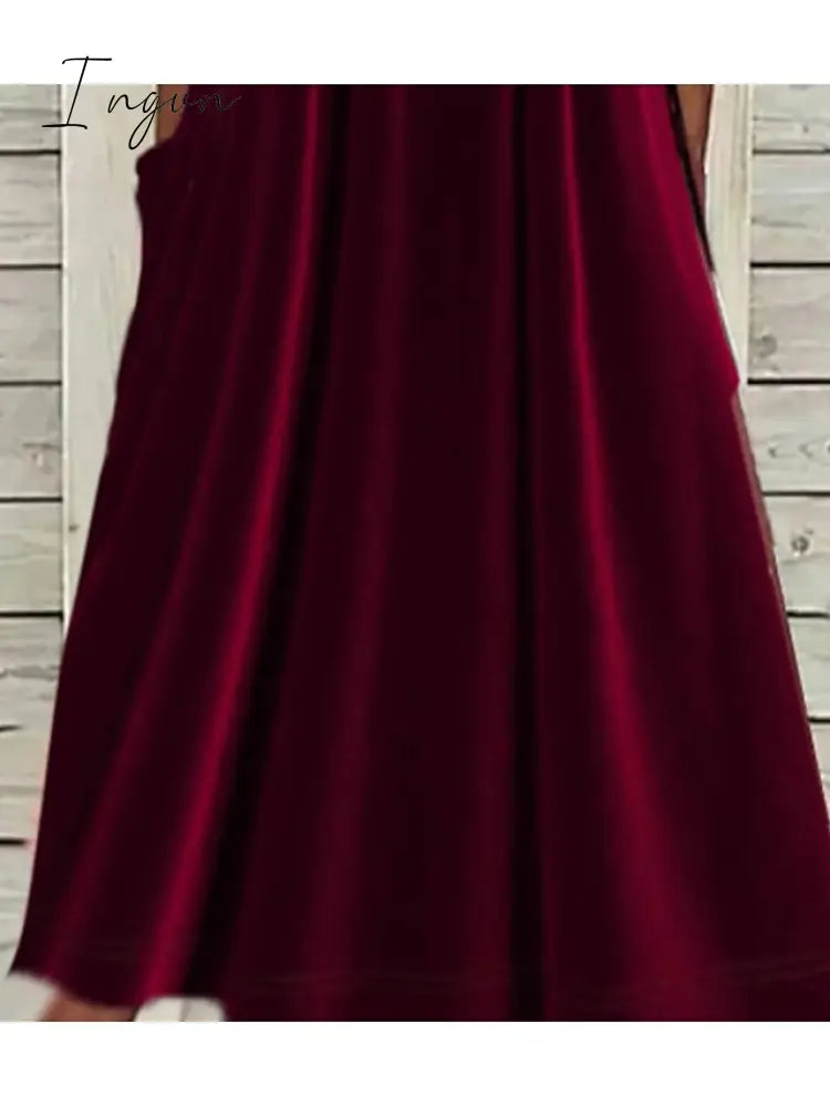 Ingvn - Women‘s Velvet Dress Red Midi Half Sleeve Pure Color Fall Winter Crew Neck Modern 2023 S