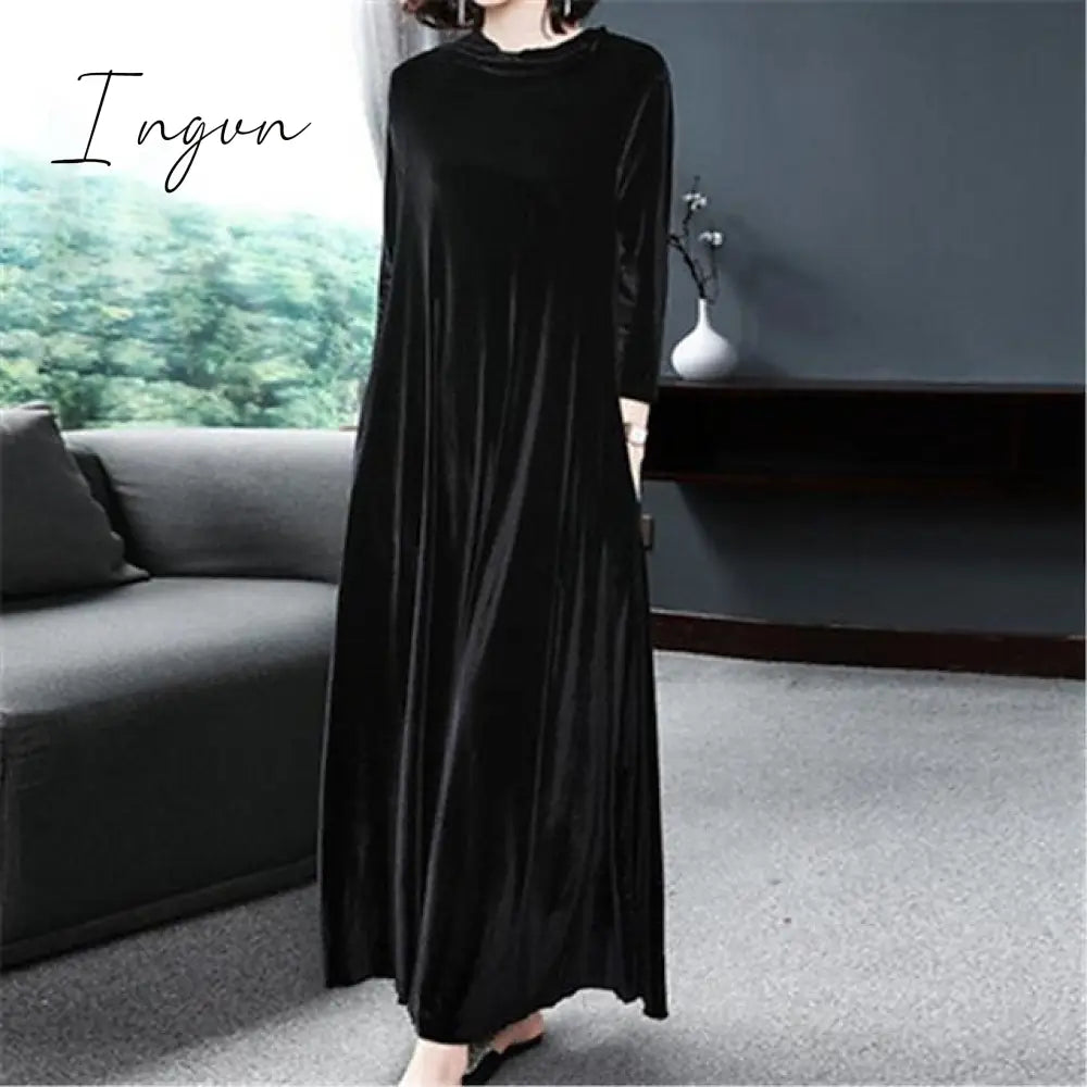 Ingvn - Women‘s Velvet Dress Shift Caftan Long Maxi Green Black Purple Sleeve Pure Color Pocket