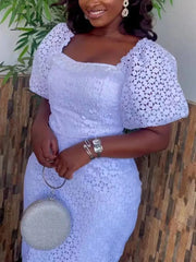 Ingvn - Women’s Vintage White Lace Dress Chic Square Neck Puff Sleeve Summer Elegant Wedding