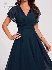 Ingvn - Women‘s Wedding Guest Dress Swing Semi Formal Midi Blue Short Sleeve Pure Color Mesh