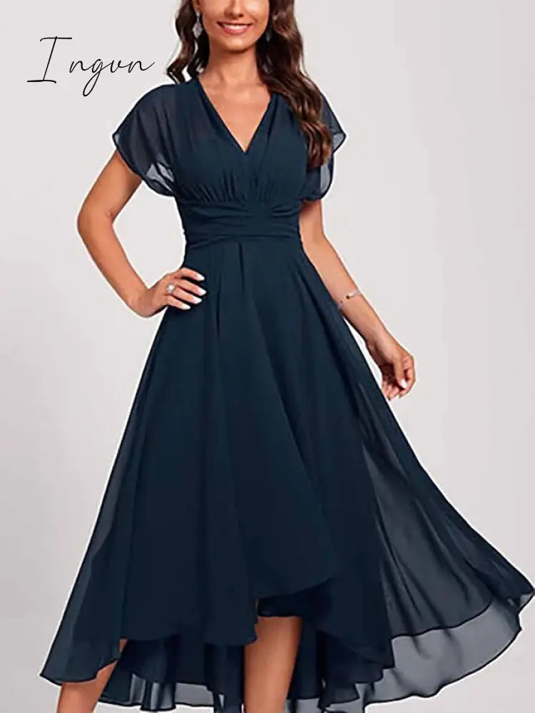 Ingvn - Women‘s Wedding Guest Dress Swing Semi Formal Midi Blue Short Sleeve Pure Color Mesh