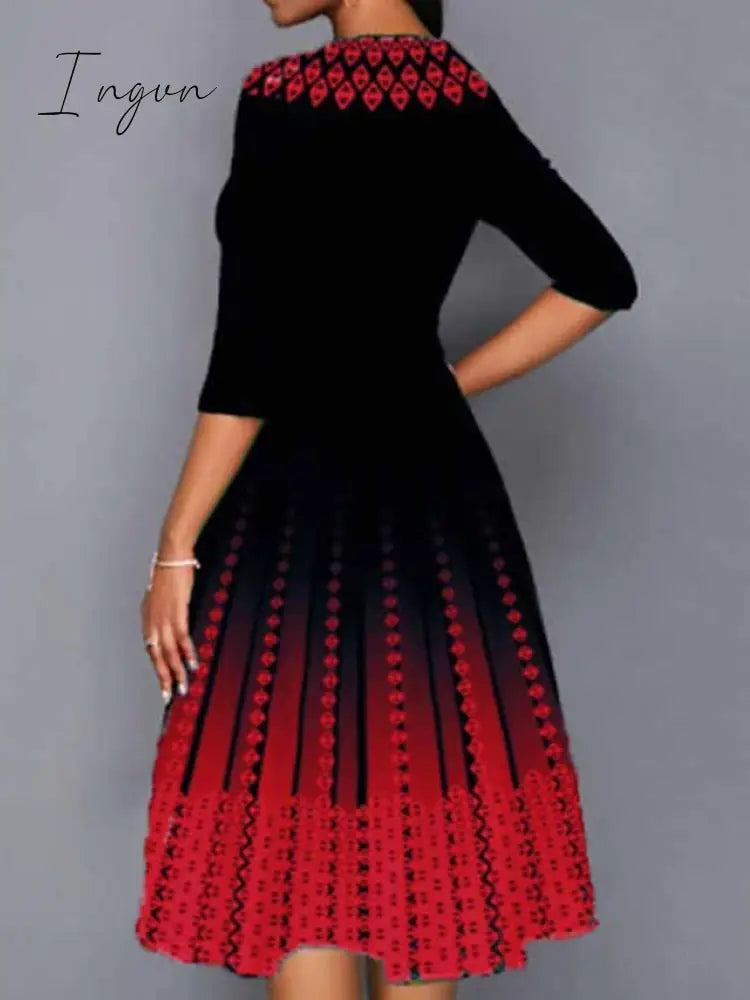 Ingvn - Women’s Work Dress Swing Church Midi Red Royal Blue 3/4 Length Sleeve Print Summer Spring