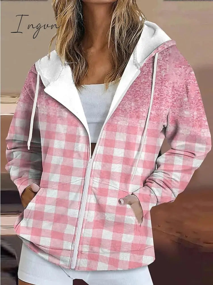 Ingvn - Women’s Zip Hoodie Sweatshirt Active Sportswear Drawstring Up Front Pocket Pink Blue