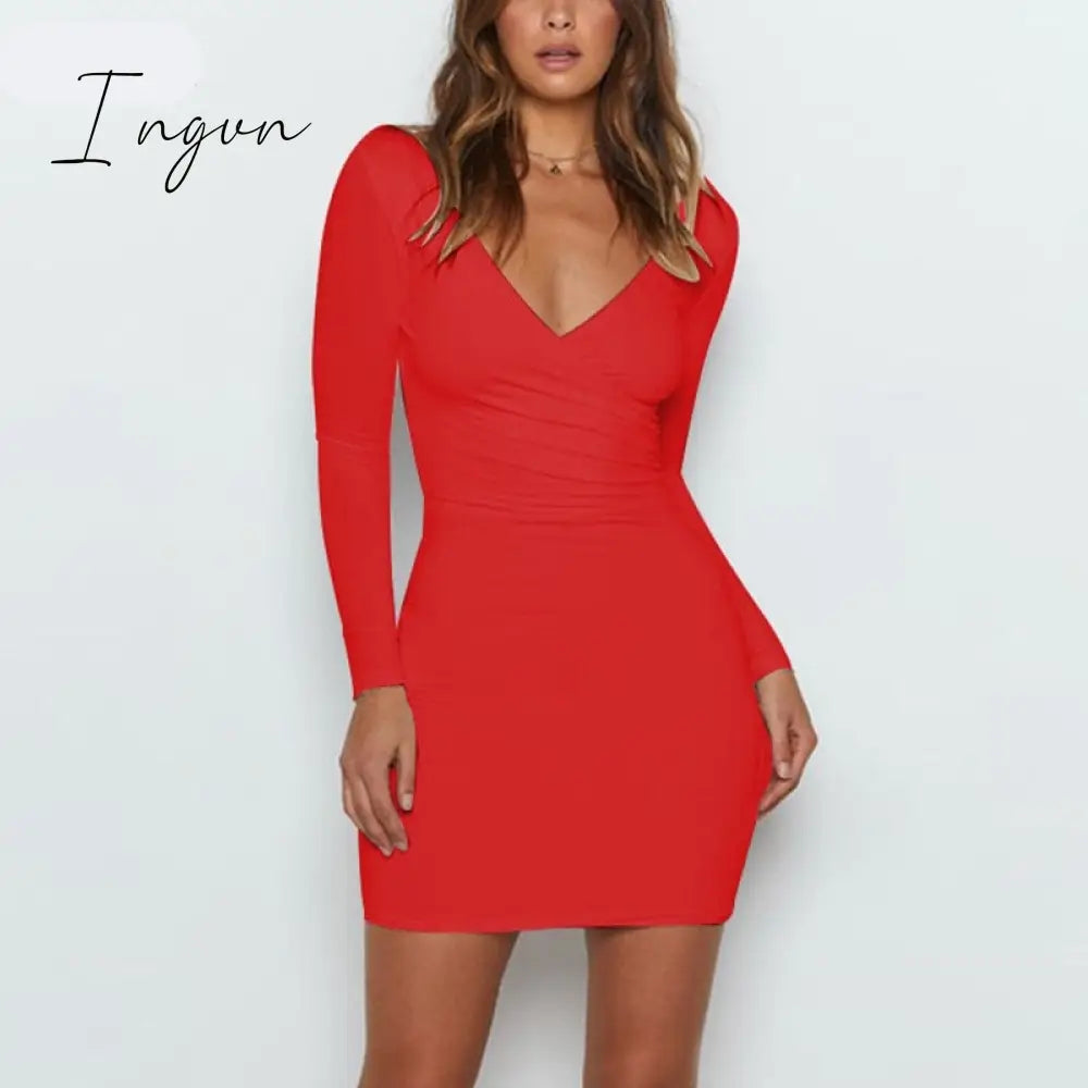 Ingvn - Wrap V Neck Ruched Bodycon Dress Women Long Sleeve Sexy Party Backless Black Red White