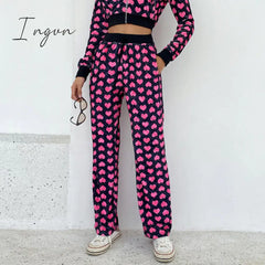 Ingvn - Y2K Pink Pants Heart Printed Sweet Trousers Vintage Aesthetic Party Pockets Joggers
