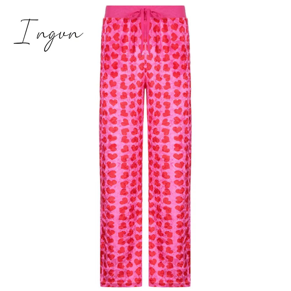 Ingvn - Y2K Pink Pants Heart Printed Sweet Trousers Vintage Aesthetic Party Pockets Joggers