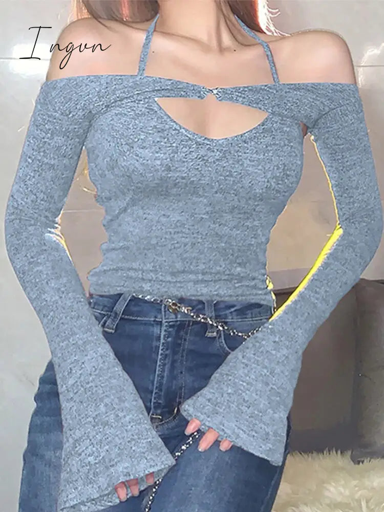 Ingvn - Y2K Top Women Long Sleeve T - Shirts 2 Piece Tops Halter Tanks Backless Crop Off Shoulder