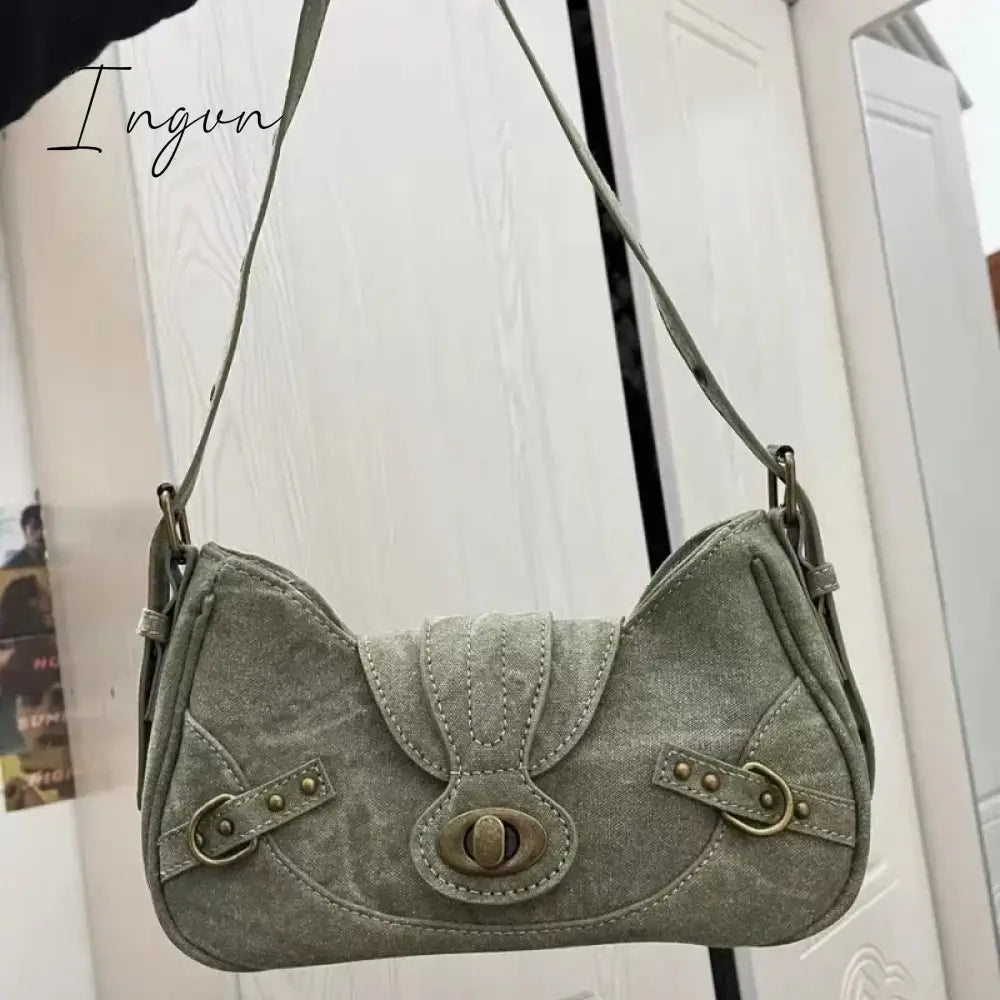 Ingvn - Y2K Vintage Shoulder Bag American Street Style Rivets Green Canvas Handbag Gothic Punk