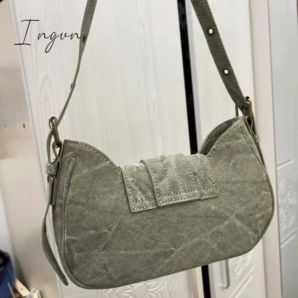 Ingvn - Y2K Vintage Shoulder Bag American Street Style Rivets Green Canvas Handbag Gothic Punk