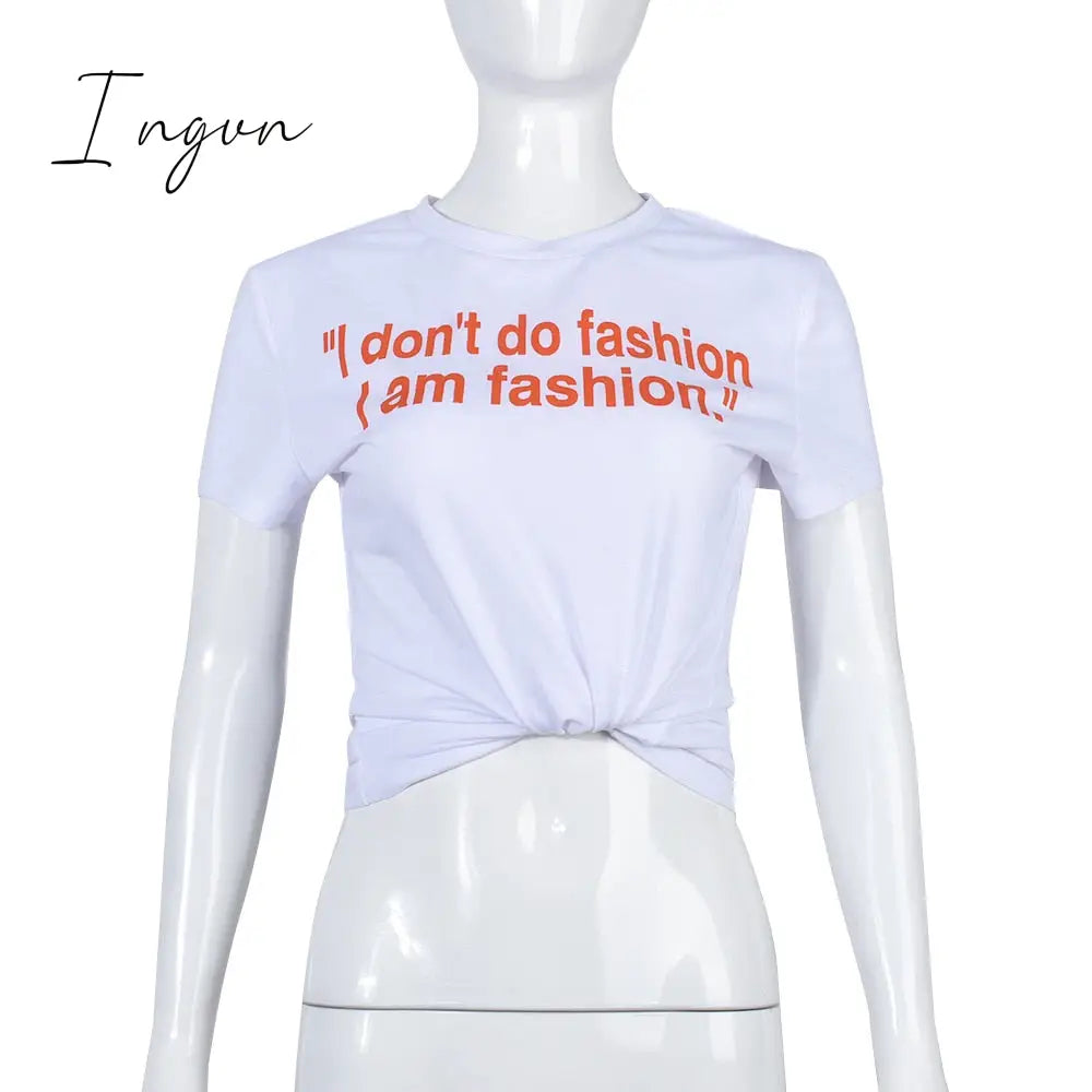 Ingvn - Y2K White Crop T Shirt Women Letter Print O-Neck Short Sleeve Casual Tops Fashion Cute