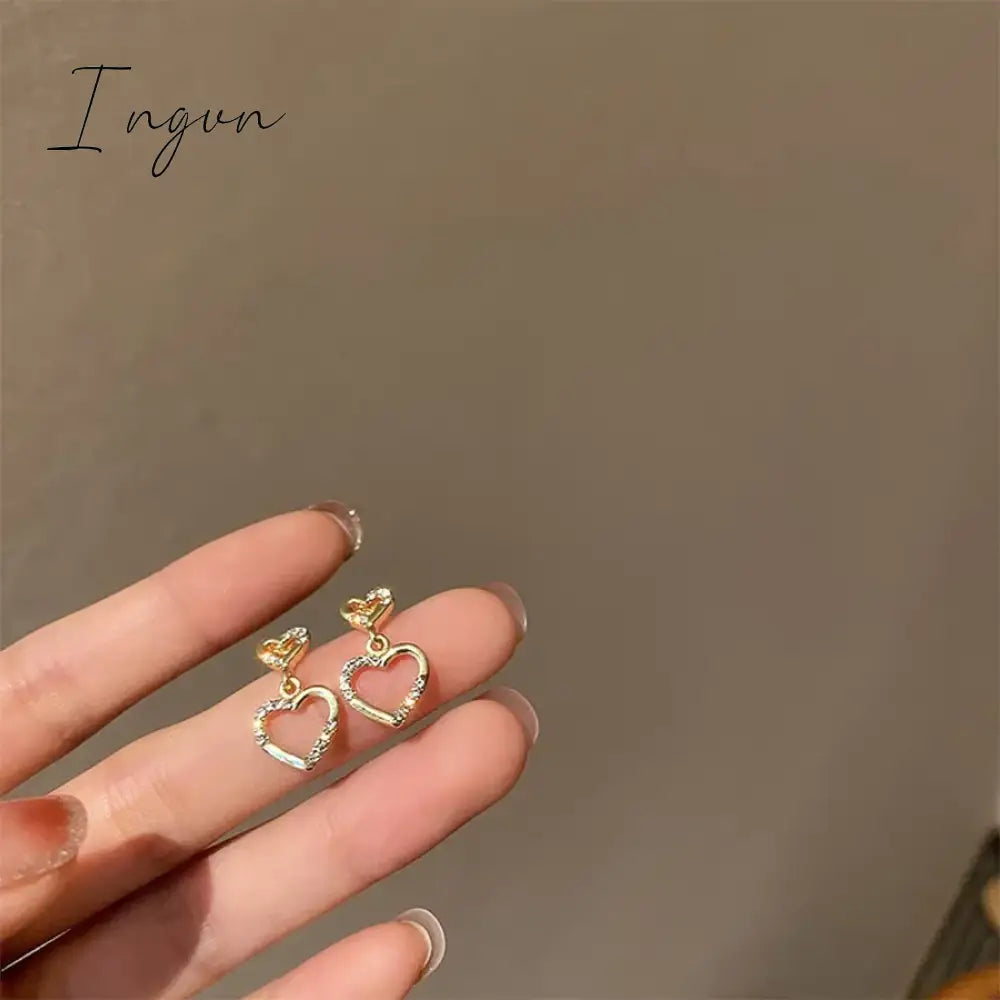 Korean Trendy Simple Double Hollow Zircon Heart Earrings For Women Exquisite Silver Needle Studs