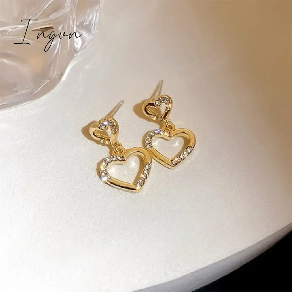 Korean Trendy Simple Double Hollow Zircon Heart Earrings For Women Exquisite Silver Needle Studs