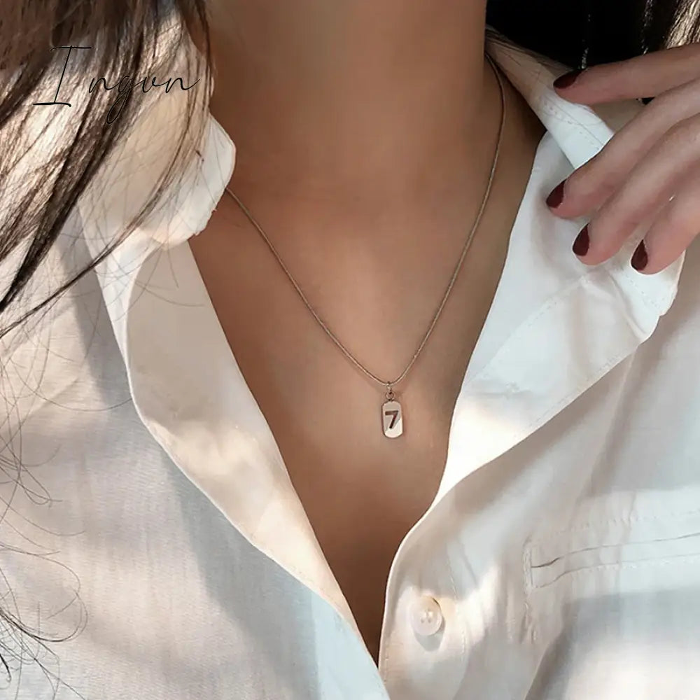 New Fashion Simple Lucky 7 Square Pendant Stainless Steel Necklace For Women Niche Design Elegant