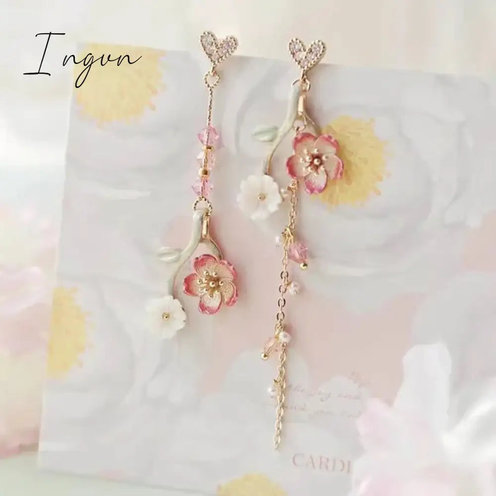 New Korean Flower Asymmetrical Dangle Earrings For Women Long Tassel Butterfly Imitation Pearl Cat