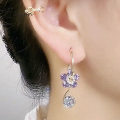 New Purple Crystal Flower Dangle Earrings For Women Girls Shining Zircon Love Heart Waterdrop