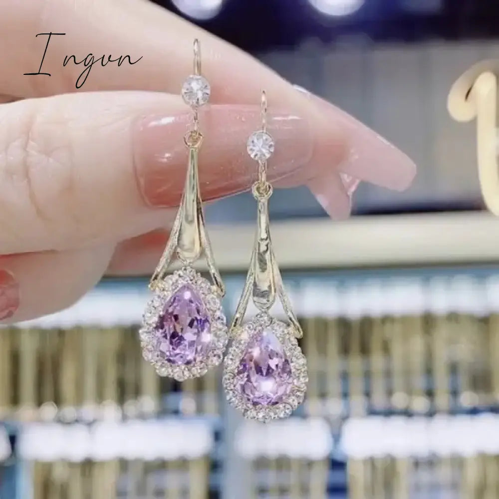 New Purple Crystal Flower Dangle Earrings For Women Girls Shining Zircon Love Heart Waterdrop