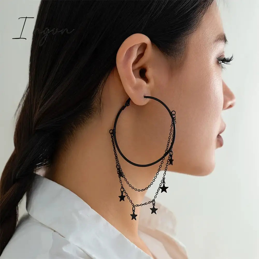 Punk Gothic Black Five-Pointed Star Tassel Hoop Earrings For Women Niche Design Party Jewelry