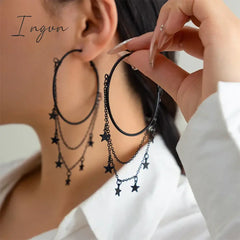 Punk Gothic Black Five-Pointed Star Tassel Hoop Earrings For Women Niche Design Party Jewelry