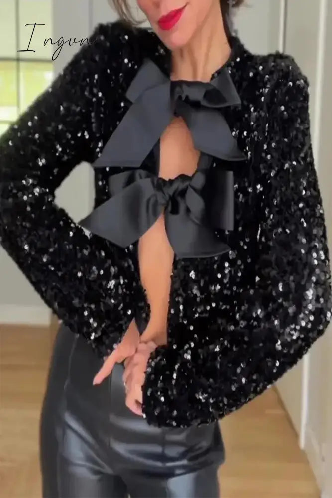 Sexy Solid Sequins With Bow O Neck Outerwear Outerwear/Blazer & Suits &Jacket