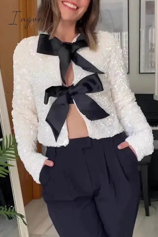 Sexy Solid Sequins With Bow O Neck Outerwear Milky / S Outerwear/Blazer & Suits &Jacket
