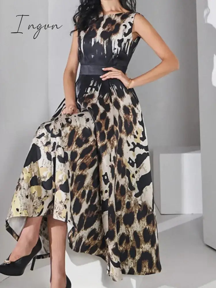 Summer Women Fashion Elegant Casual Midi Dress Sleeveless A-Line Leopard Print Vintage Party