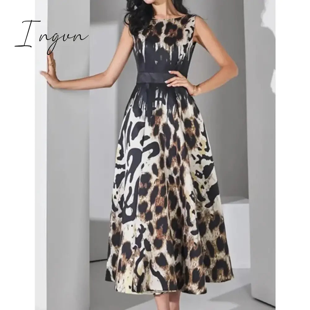 Summer Women Fashion Elegant Casual Midi Dress Sleeveless A-Line Leopard Print Vintage Party