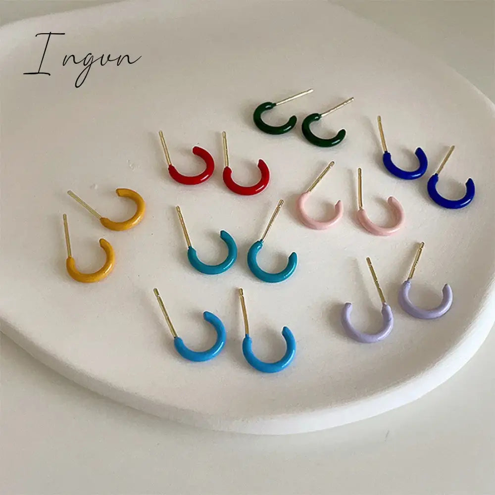 Trendy Simple Colorful Hoop Earrings For Women Exquisite Gold Plated Needle Studs Sweet Elegant
