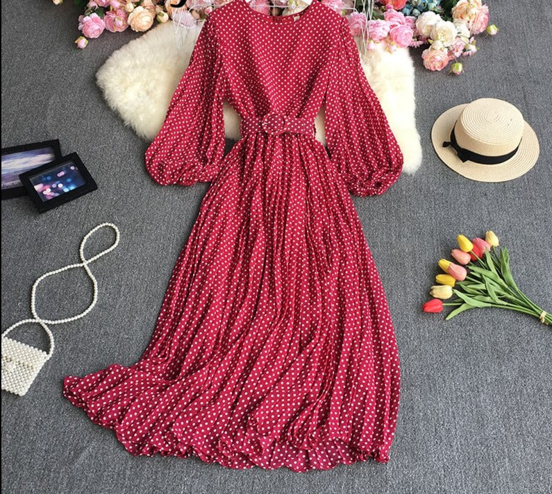 Ingvn - New Spring Autumn French O-neck long sleeve Dress polka dot printing high waist lace up mid-length A-line pleated Dress