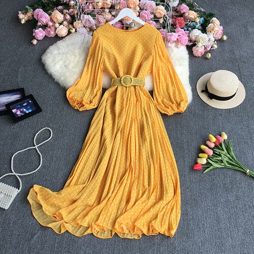 Ingvn New Spring Autumn French O-neck long sleeve Dress polka dot printing high waist lace up mid-length A-line pleated Dress